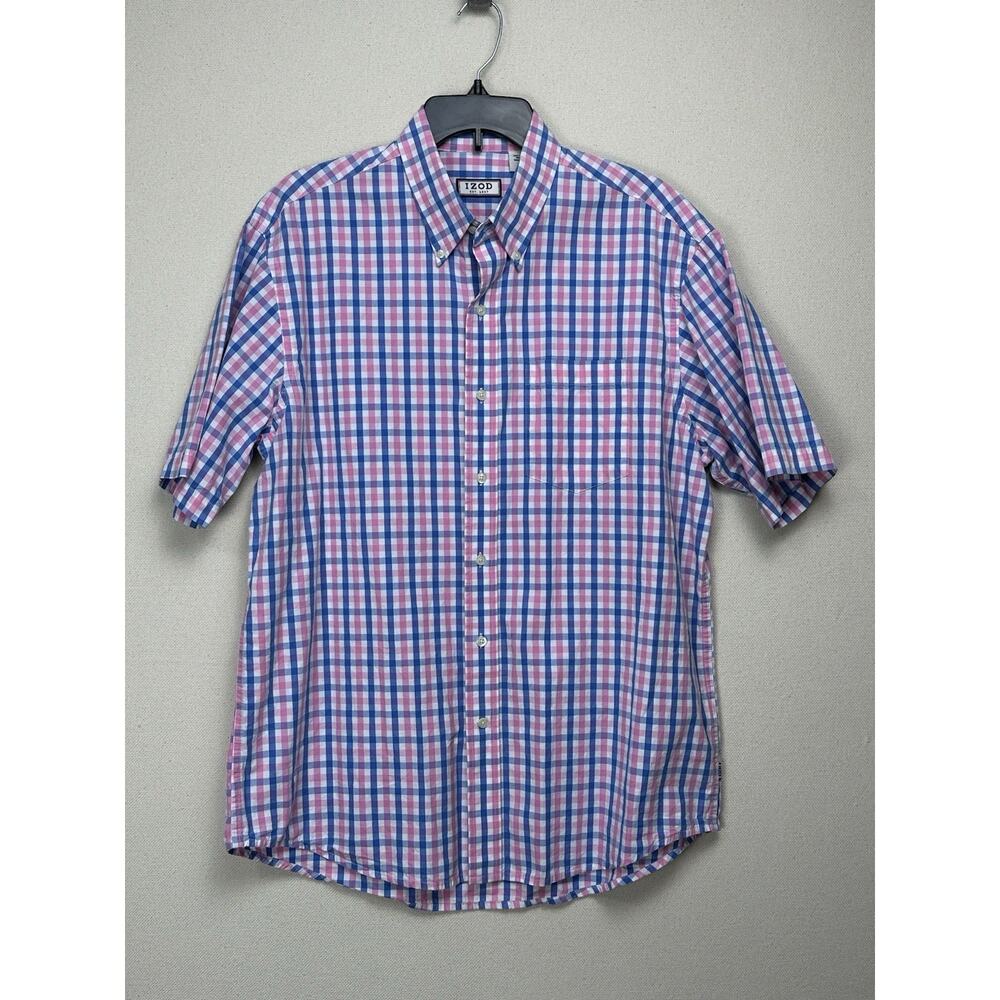 IZOD Mens Sz L Short Sleeve Button‎ Down Shirt Blue Pink White Plaid 100% Cotton